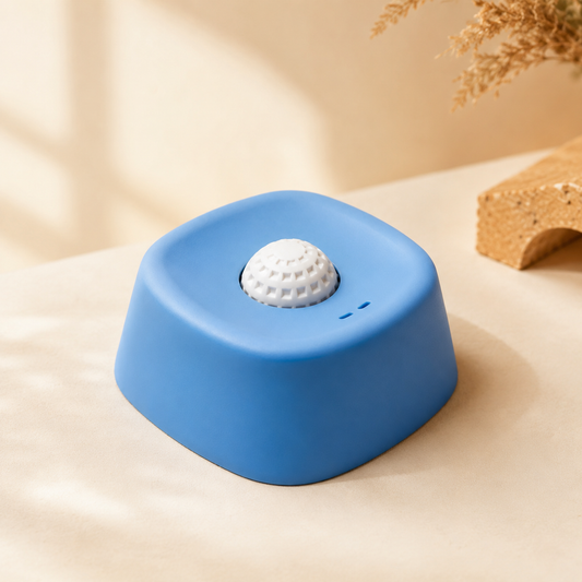 Blue slow feeder dog bowl with white anti-gulp ball — FUR WINDOW The Slow Feast