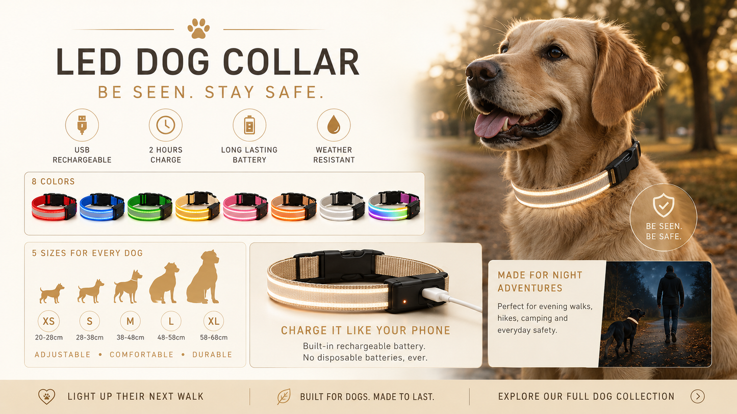 LED dog collar feature overview — USB rechargeable, 8 colors, 5 sizes, weather resistant, made for night walks