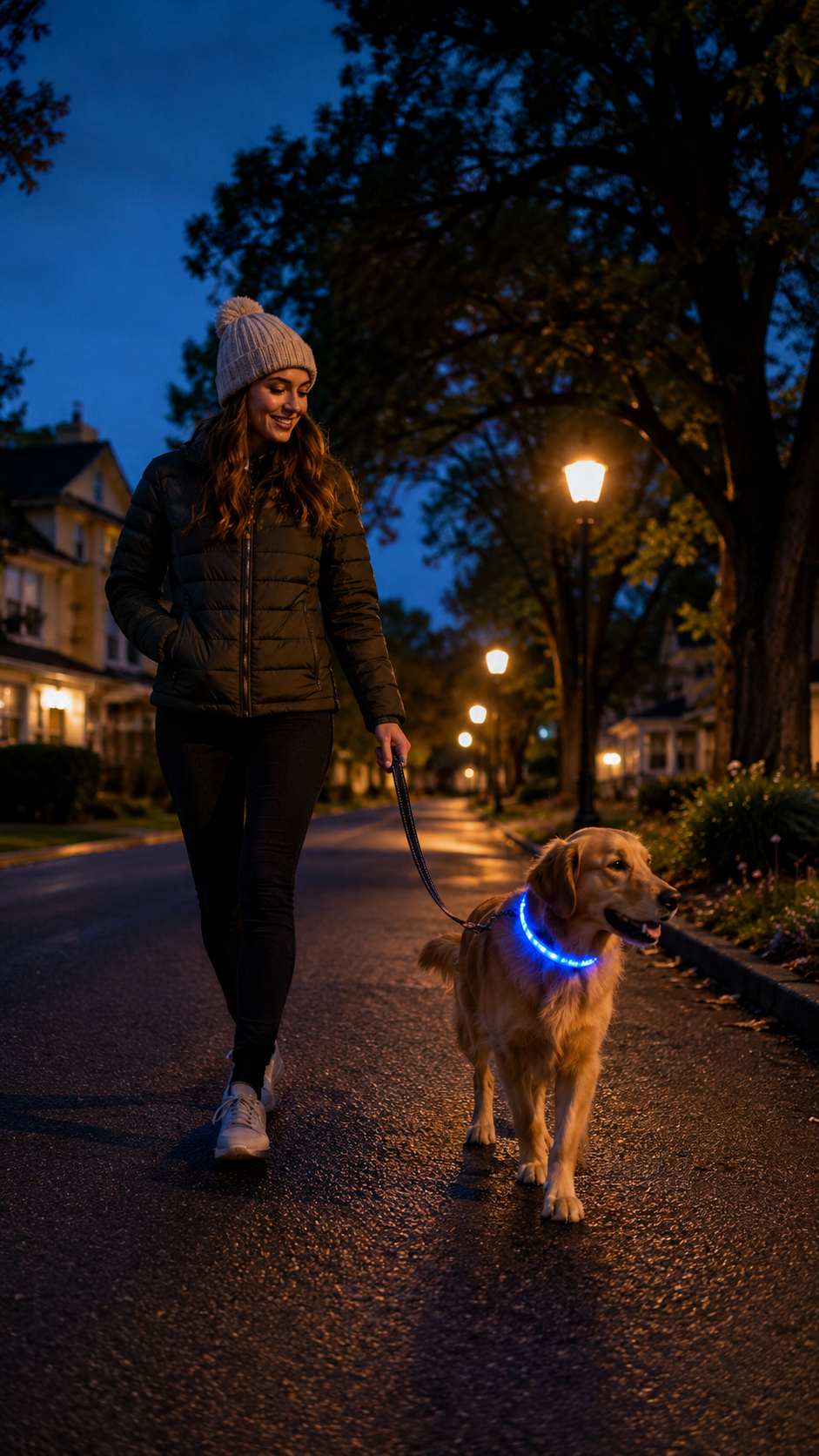 Woman walking her dog at night, the dog wearing a glowing blue LED dog collar on a quiet street