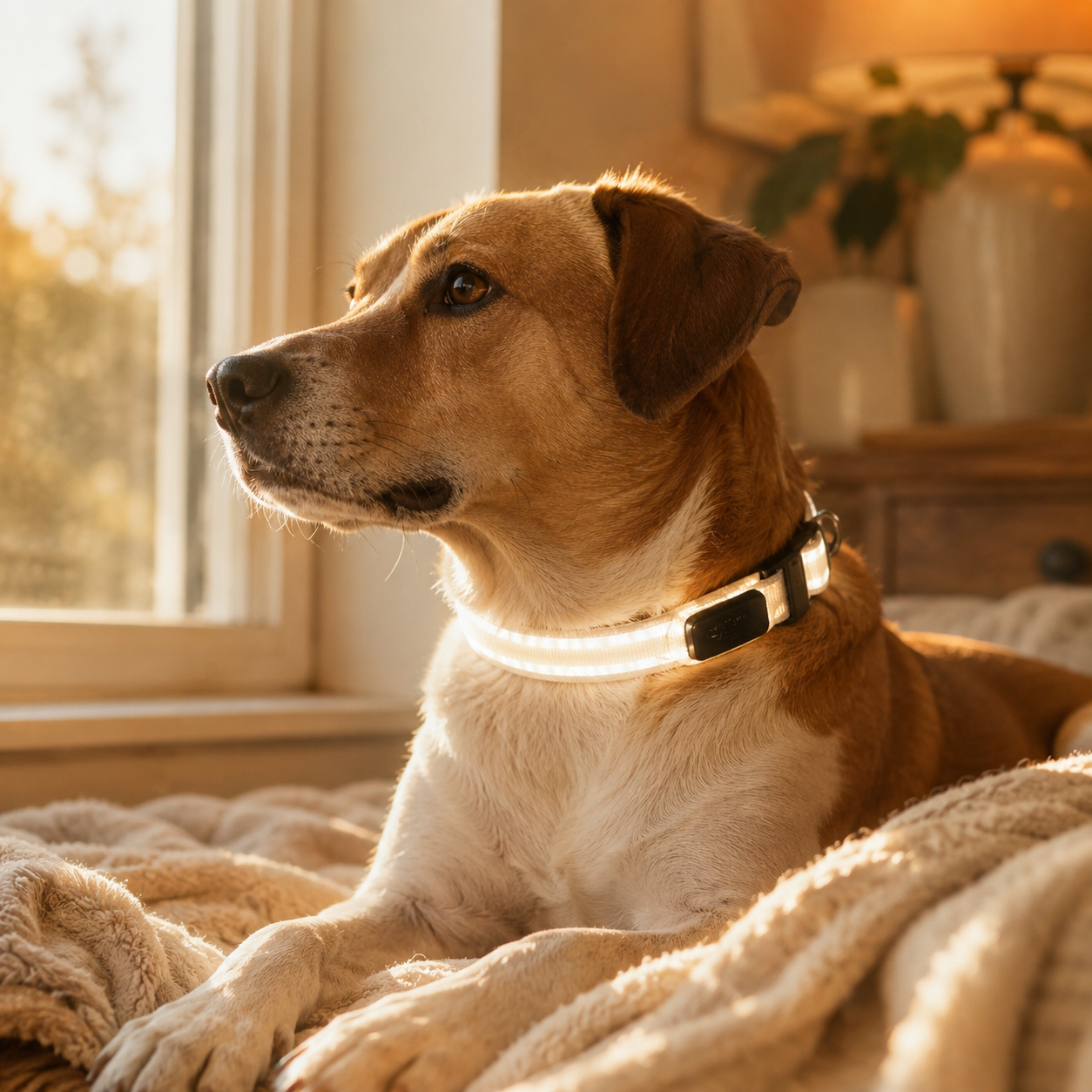 Dog resting by a window wearing a glowing white LED dog collar in a cozy home