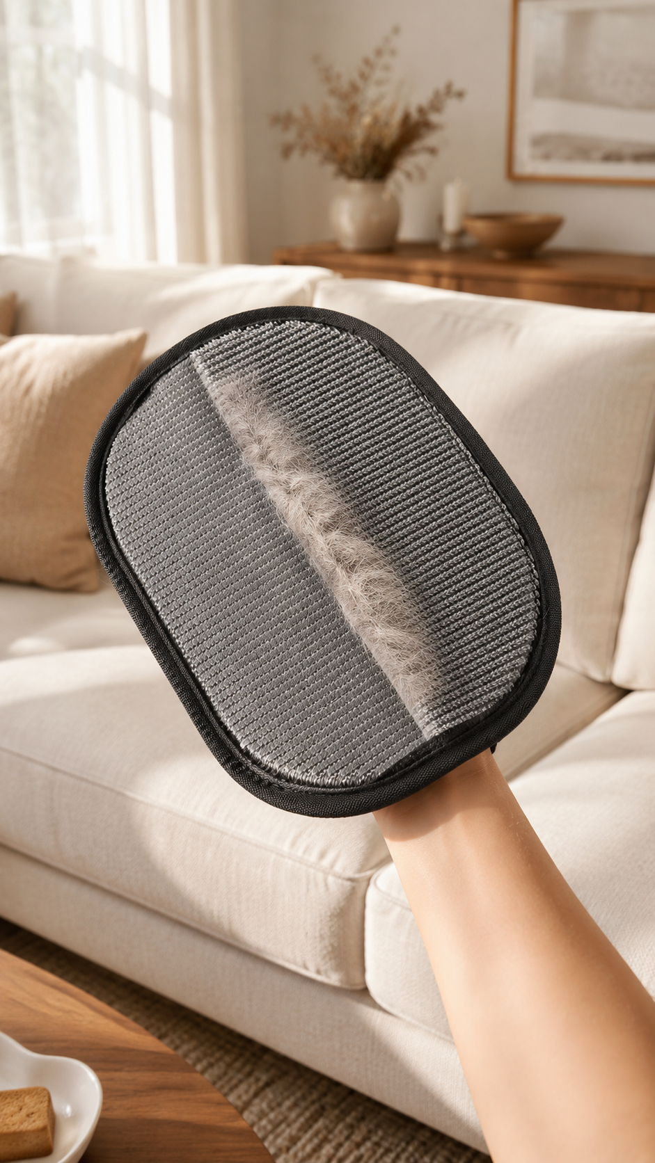 Pet hair removal glove feature overview — double-sided, reusable, no electricity needed, polyester, 24×18 cm