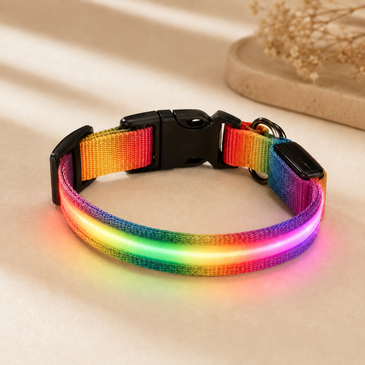 Rainbow USB rechargeable LED dog collar glowing on a soft neutral background