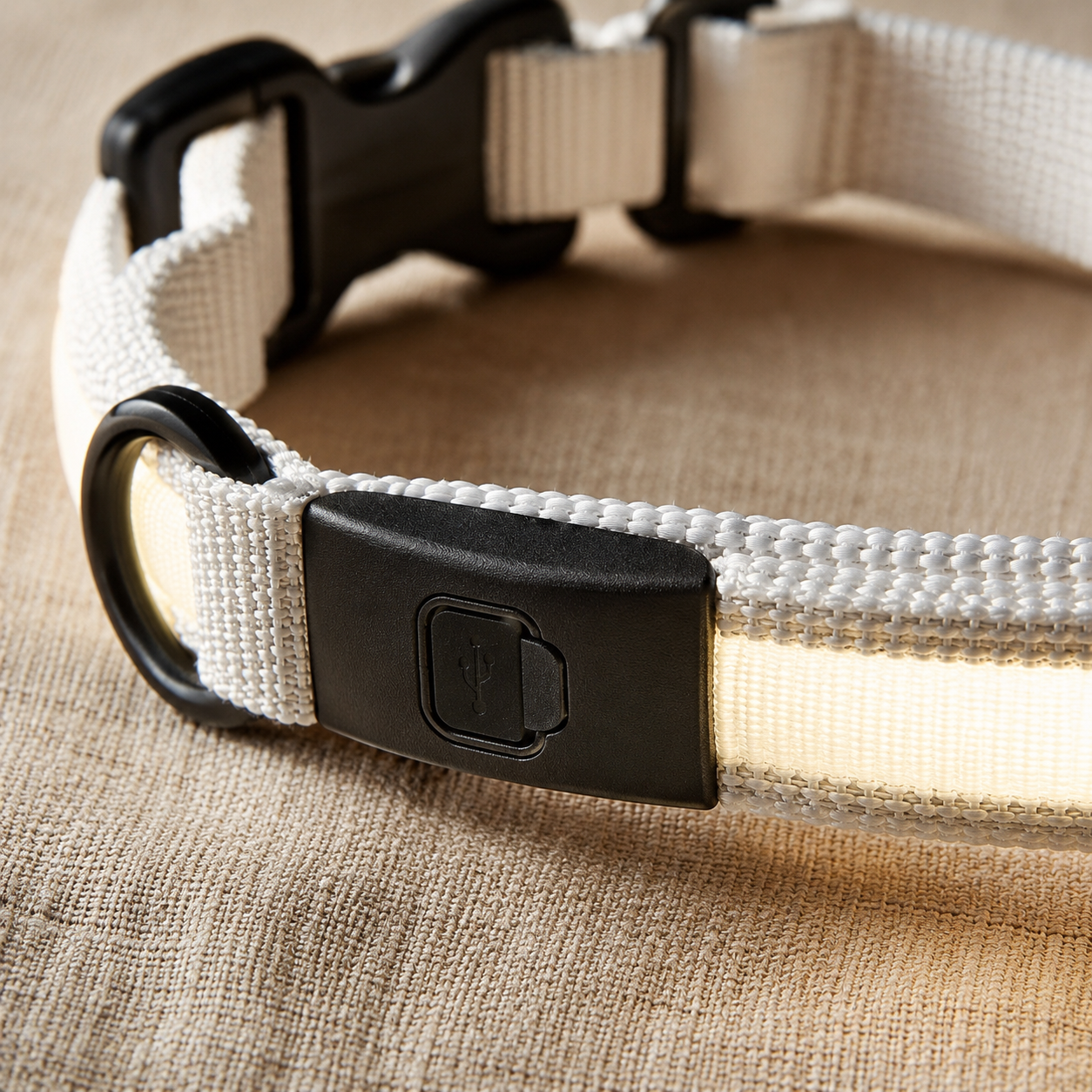 Close-up of the USB charging port on a white LED dog collar — FUR WINDOW