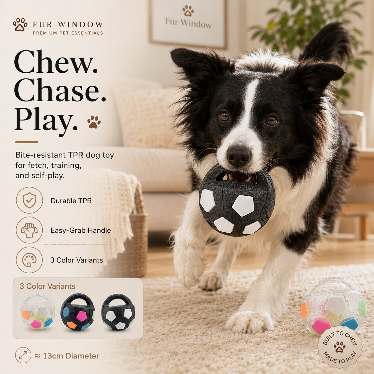 Dog training football tug toy with handle in durable TPR rubber — FUR WINDOW The Tugmate
