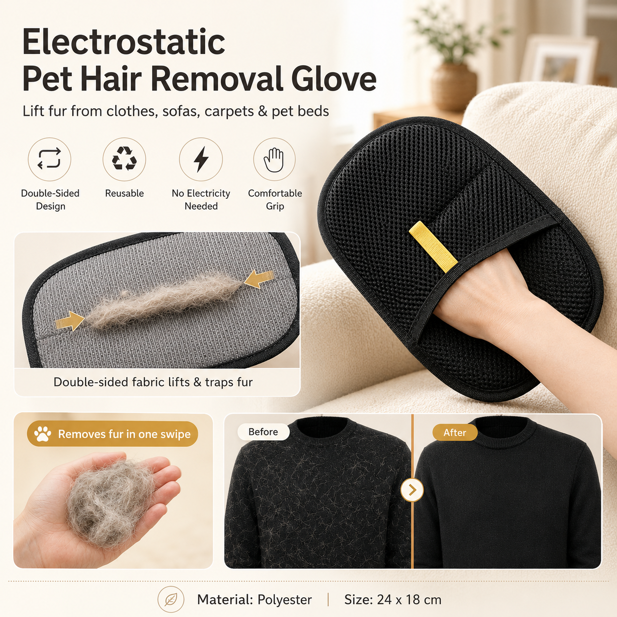 Hand wearing the pet hair removal glove lifting loose fur from a cream sofa — FUR WINDOW The Bonding Mitt