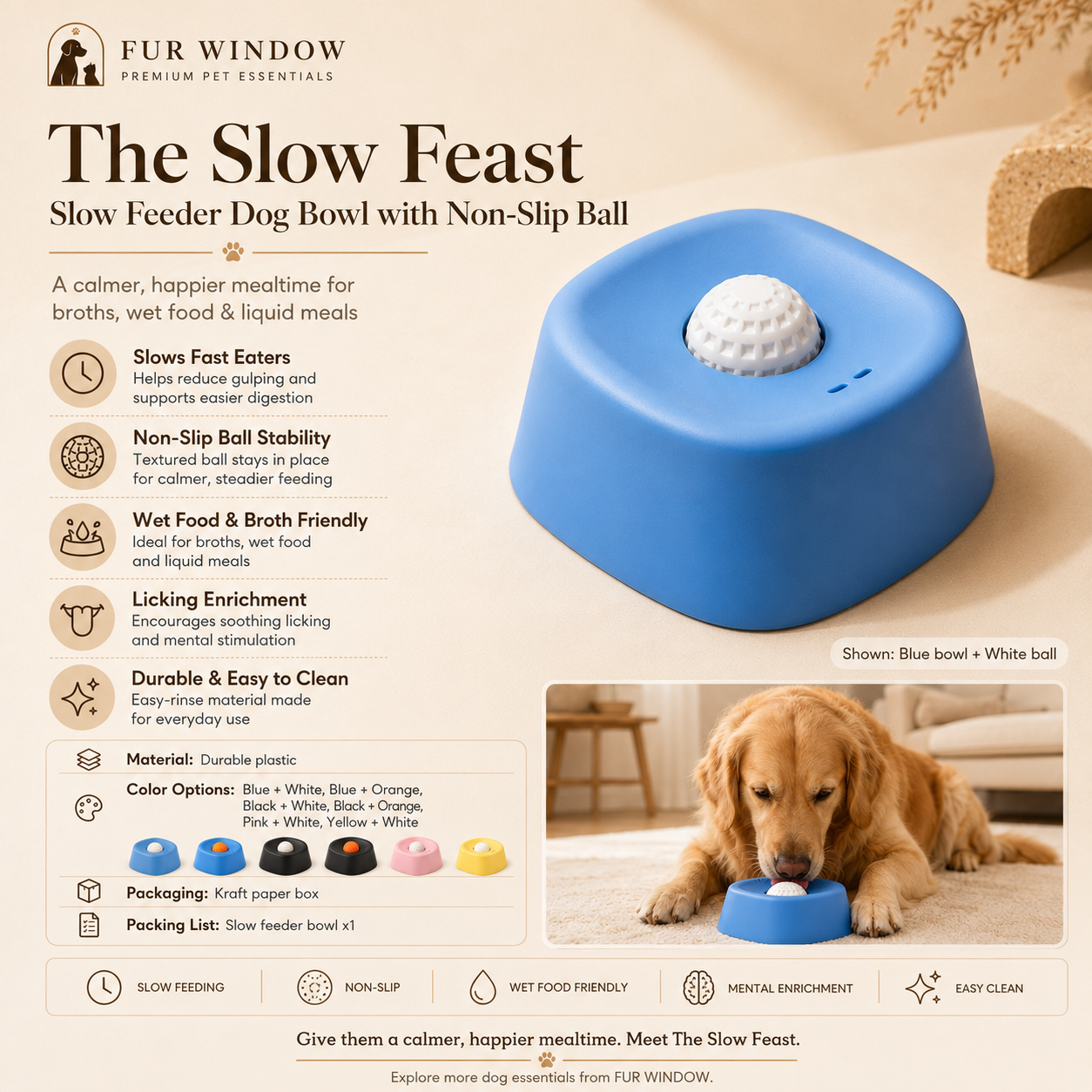 Slow feeder dog bowl with anti-gulp center ball and non-slip base — FUR WINDOW The Slow Feast