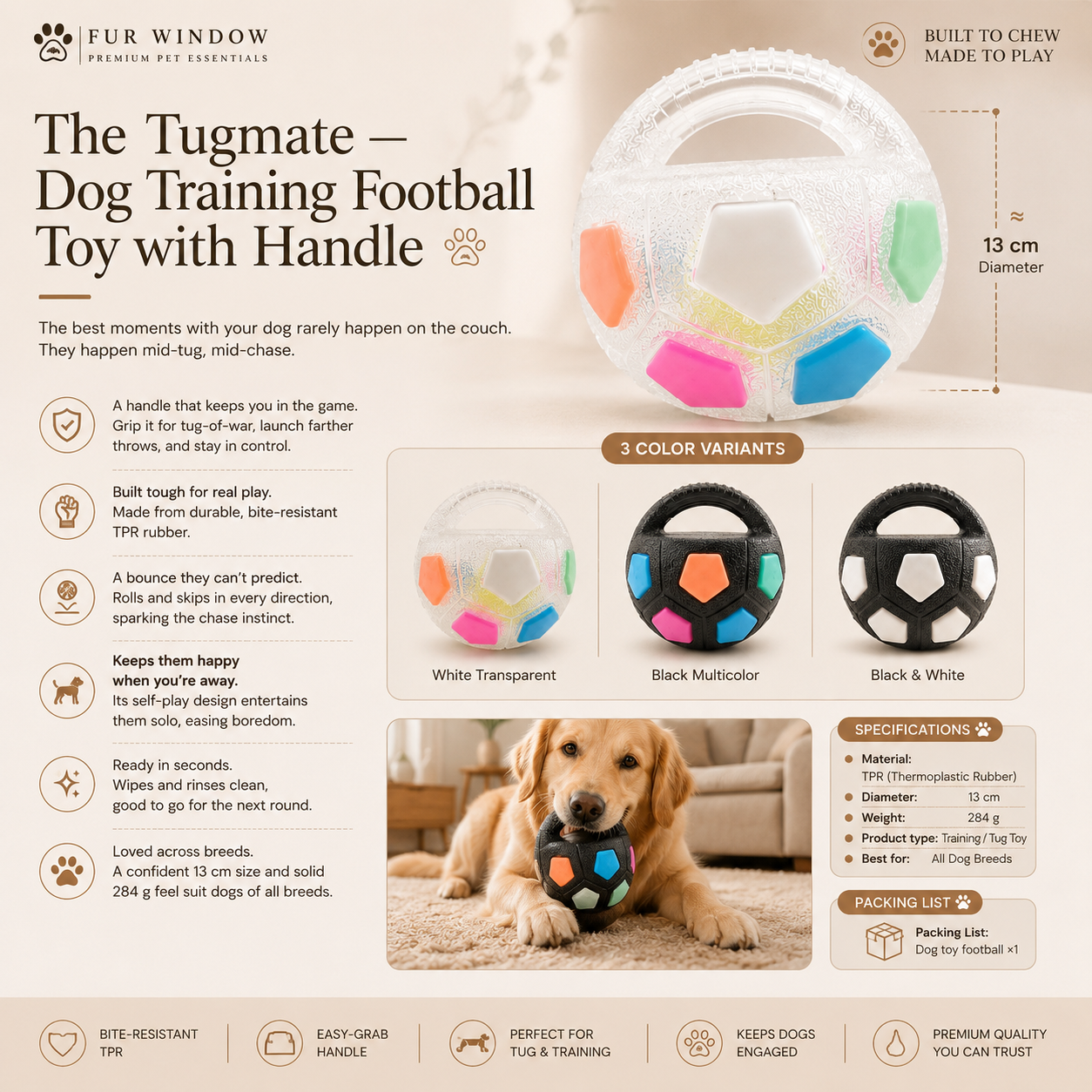 Dog training football tug toy with handle in durable TPR rubber — FUR WINDOW The Tugmate