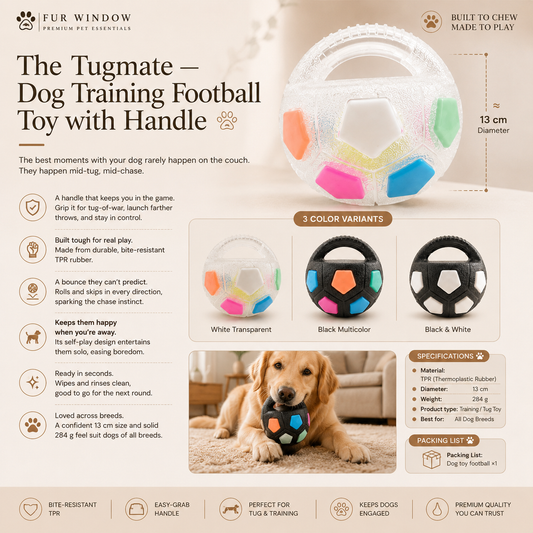 Dog training football tug toy with handle in durable TPR rubber — FUR WINDOW The Tugmate