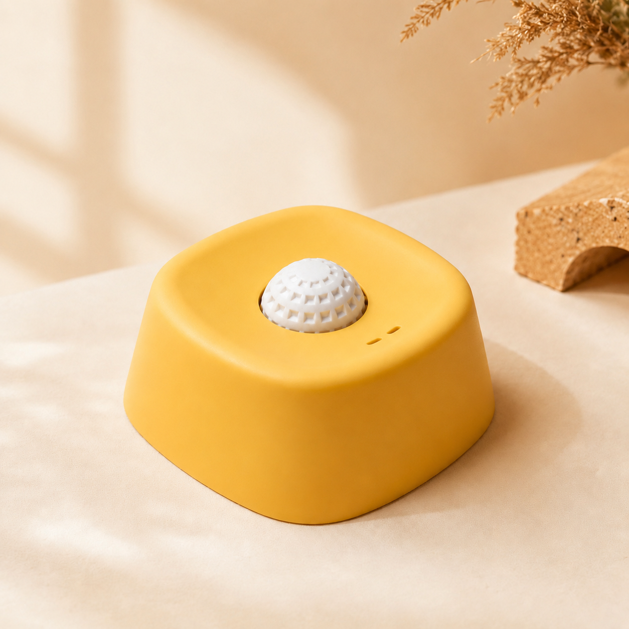 Yellow slow feeder dog bowl with white anti-gulp ball — FUR WINDOW The Slow Feast