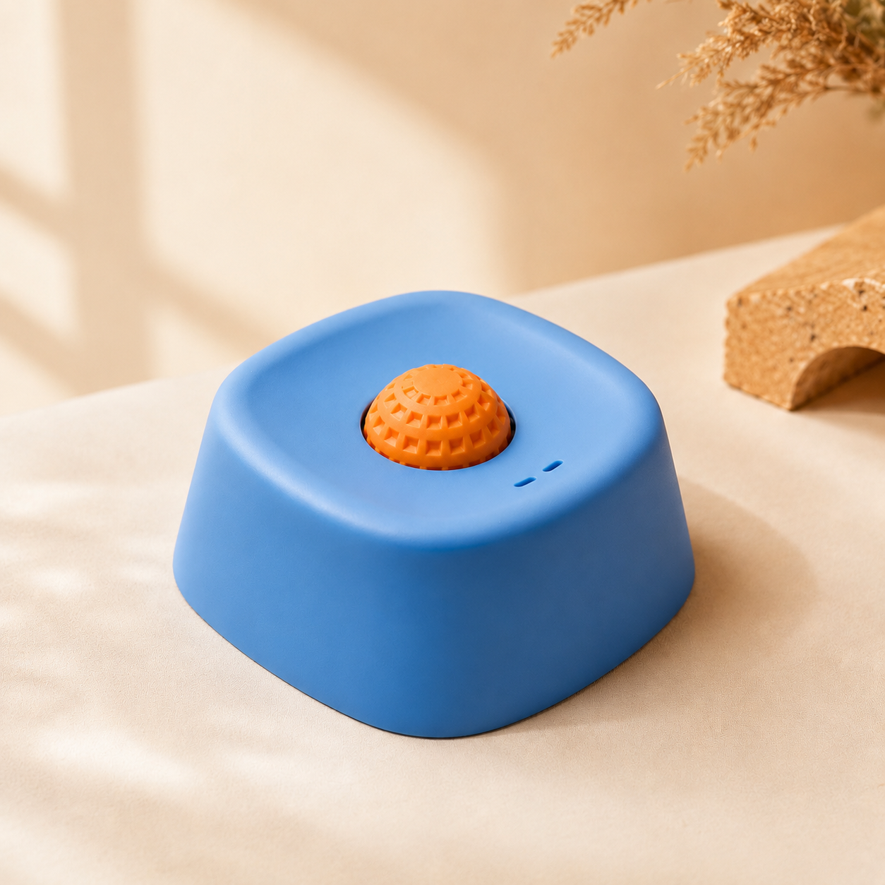 Blue slow feeder dog bowl with orange anti-gulp ball — FUR WINDOW The Slow Feast